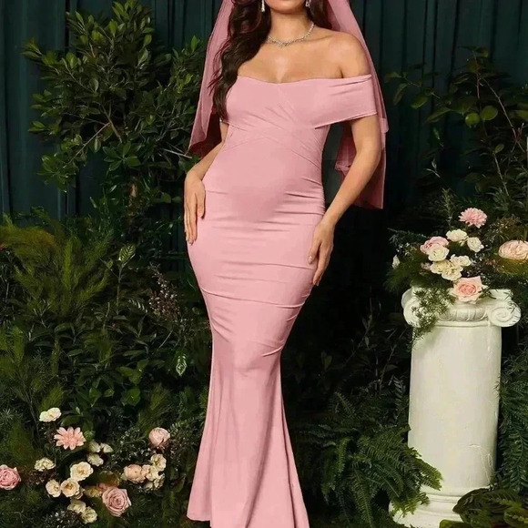 Pink Elegant Women's Solid Color Maternity Off Shoulder Mermaid Dress - Picture 6 of 6